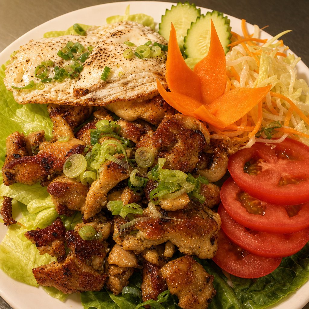 Grilled Sliced Pork Over Rice.