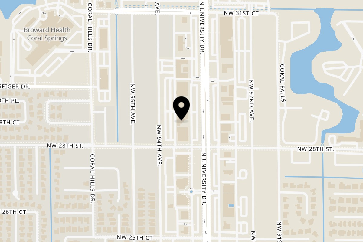 Map showing the location of Veranda Kitchen & Bar on 2864 N University Dr in Coral Springs